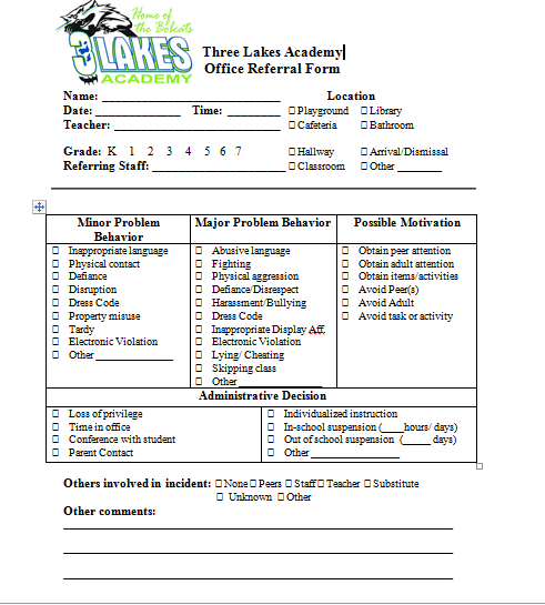 An example of a Three Lakes Academy Office Referral Form 